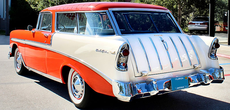 Rear view of a 56 Chevy Bel Air Nomad station wagon
