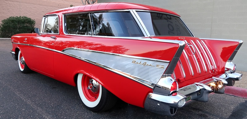 Rear view of a 57 Chevy Nomad restomod