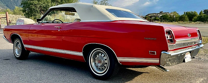 rear view of a 1969 Ford Torino GT Convertible with the top up