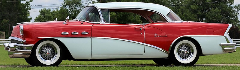 side view of a Seminole Red and Dover White 56 Buick Special Riviera Hardtop
