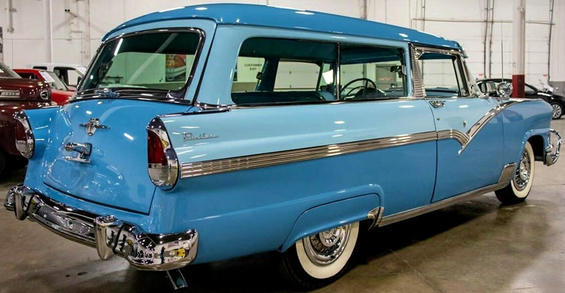 Rear view of a two tone blue 1956 Ford Parklane