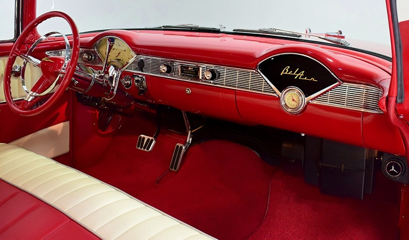 Enhanced interior of a 56 Chevrolet with new, more modern gauges.