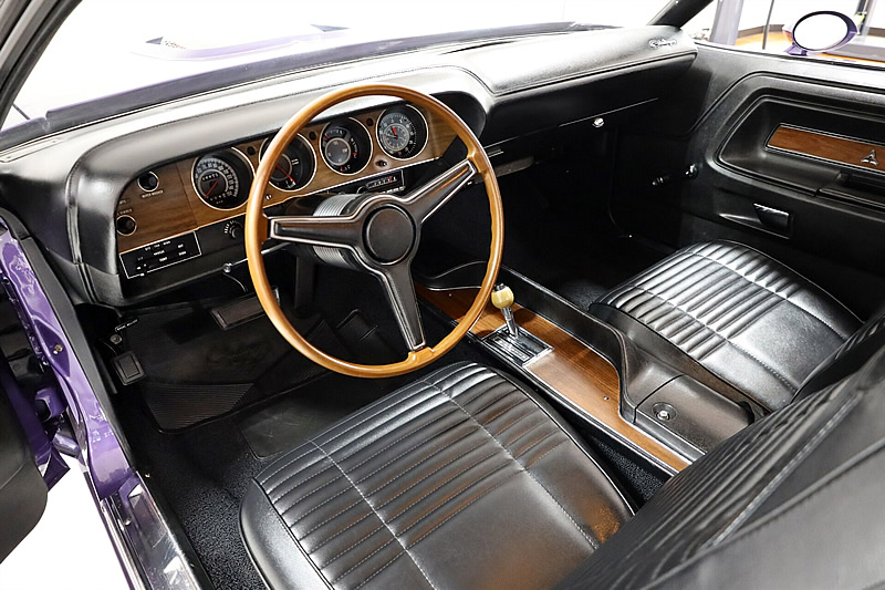 All vinyl, bucket seat interior of a 1970 Dodge Challenger R/T