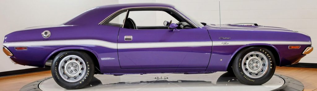 Side view of a 70 Dodge Challenger R/T in Plum Crazy