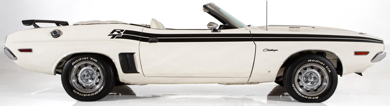 side view of a 1971 Dodge Challenger convertible with the top down.