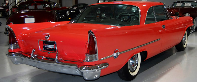 rear view of a 57 Chrysler 300 C showing the giant fins